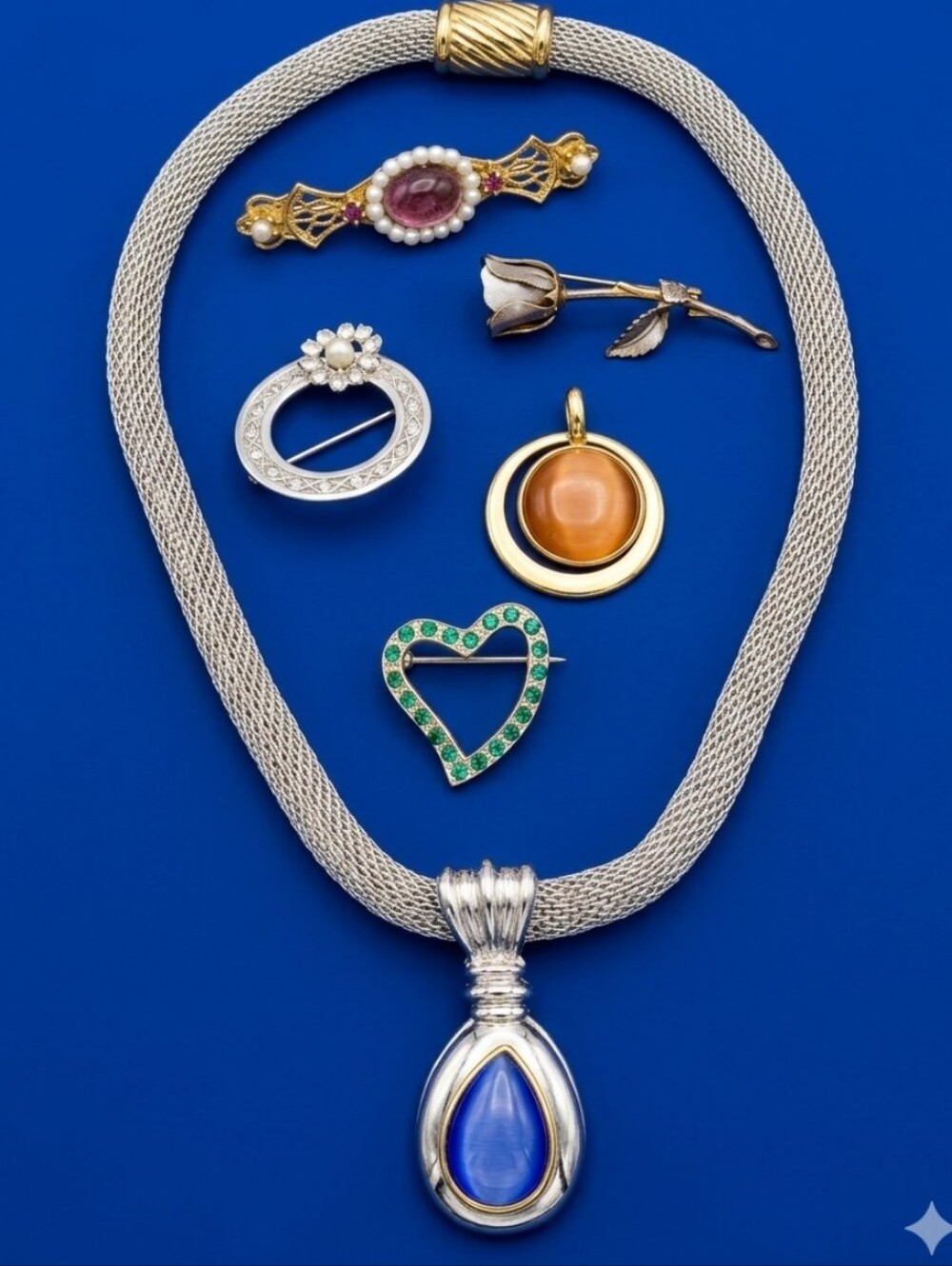 Fashion Jewelry Silver Mesh Necklace with Blue Teardrop Pendant Brooch Pins Lot